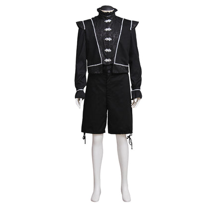 Medieval Men's Black Embellished Jacket with Silver Accents and Black Breeches Costume for Cosplay Renaissance Halloween Themed Events