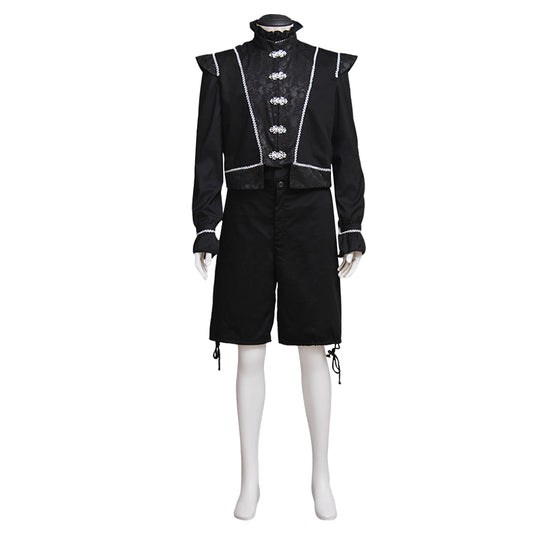 Medieval Men's Black Embellished Jacket with Silver Accents and Black Breeches Costume for Cosplay Renaissance Halloween Themed Events