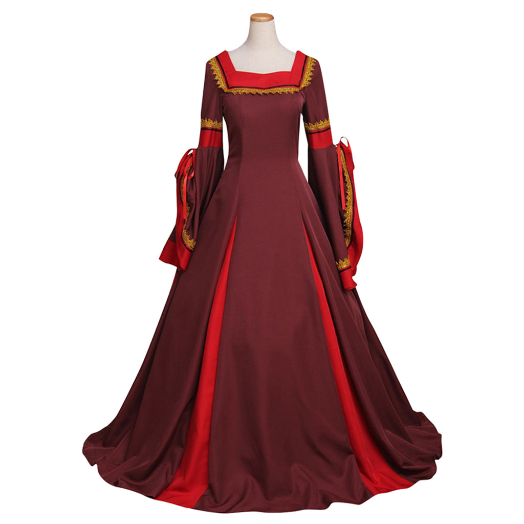 Medieval Women Renaissance Victorian Cosplay Costume Flared Long Sleeve Contrast Trimmed Color Block Burgundy Red Gown Adult Ladies Halloween Christmas Dress