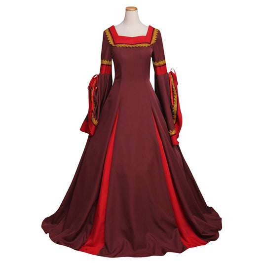Medieval Women Renaissance Victorian Cosplay Costume Flared Long Sleeve Contrast Trimmed Color Block Burgundy Red Gown Adult Ladies Halloween Christmas Dress