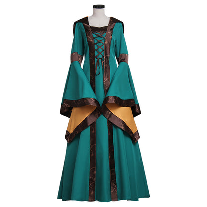 Medieval Vintage Regency Dress Square Neck Teal Brown Gown With Brown Trim Long Flared Sleeve Renaissance Cosplay Costume Adult Ladies Halloween Christmas Dress