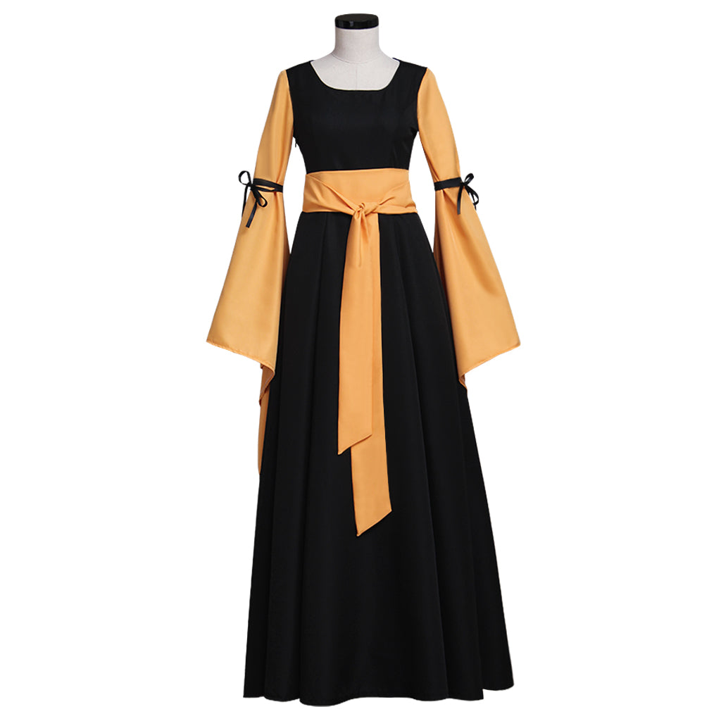 Medieval Vintage Regency Dress Square Neck Black Yellow Gown Medieval Princess Dress Long Sleeve With Bowknot Renaissance Gown With Belt Women Cosplay Costume Adult Ladies Halloween Christmas Dress