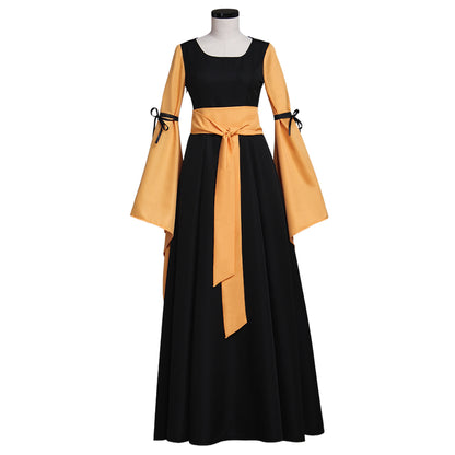 Medieval Vintage Regency Dress Square Neck Black Yellow Gown Medieval Princess Dress Long Sleeve With Bowknot Renaissance Gown With Belt Women Cosplay Costume Adult Ladies Halloween Christmas Dress