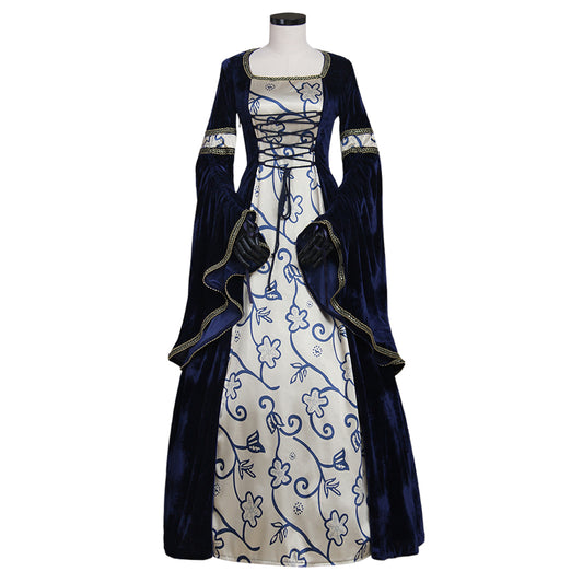 Medieval Vintage Regency Dress Square Neck Navy Blue Cream Patterned Gown Medieval Cosplay Costume Long Sleeve With Trim Renaissance Gown Women Cosplay Costume Adult Ladies Halloween Christmas Dres