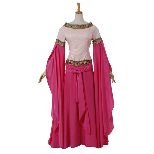 Medieval Women Renaissance Victorian Cosplay Costume Flared Long Sleeve Embroidered Waist Pink Top and Long Skirt Set Adult Ladies Halloween Christmas Dress