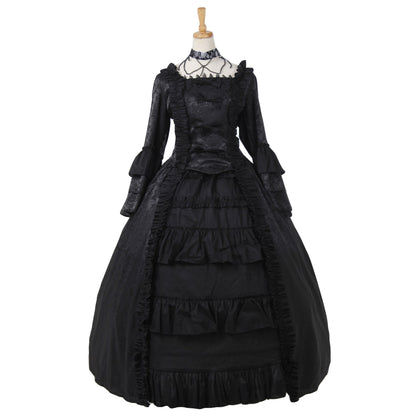 Medieval Women Gothic Victorian Renaissance Cosplay Costume Ruffled Long Sleeve Square Neck Black Gown Adult Ladies Halloween Christmas Dress
