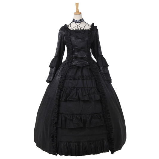 Medieval Women Gothic Victorian Renaissance Cosplay Costume Ruffled Long Sleeve Square Neck Black Gown Adult Ladies Halloween Christmas Dress