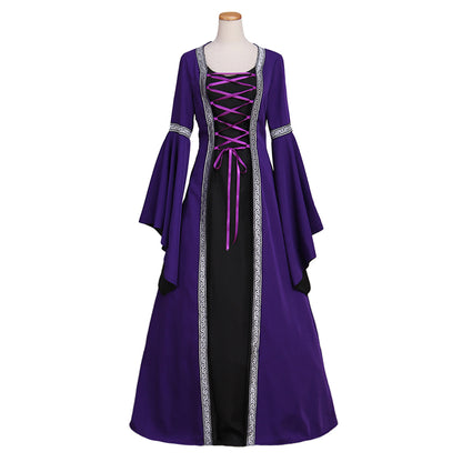 Medieval Women Viking Purple And Black Cosplay Costume Adult Renaissance Ancient Gown With Lace Up And Bell Sleeves Norse Gothic Ladies Halloween Christmas Dress