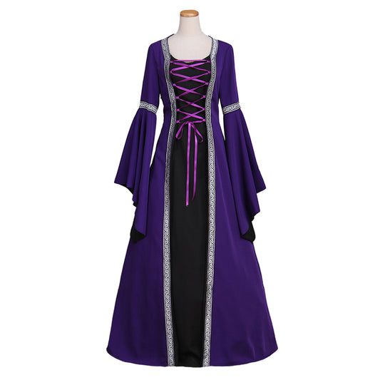 Medieval Women Viking Purple And Black Cosplay Costume Adult Renaissance Ancient Gown With Lace Up And Bell Sleeves Norse Gothic Ladies Halloween Christmas Dress