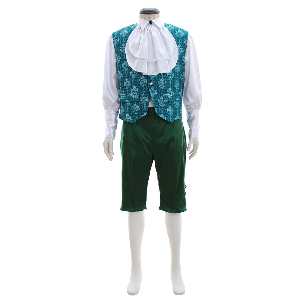 18th Century European Rococo Style Gentleman’s Suit with Blue Patterned Vest for Historical Reenactments Cosplay Events Halloween Christmas or Parties