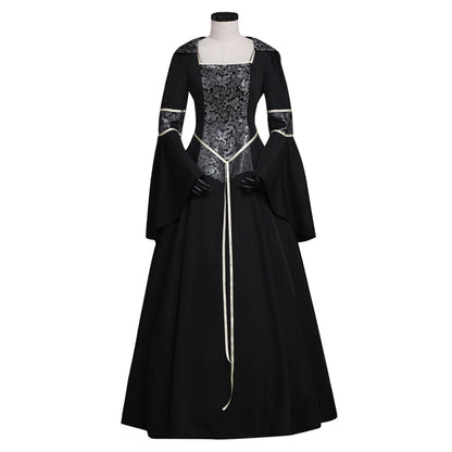 Medieval Gothic Queen Cosplay Costume  Vintage Regency Dress  Victorian Costume Square Neck Black Gown With Silver Pattern Trim Long Flared Sleeve Renaissance Cosplay Costume Adult Ladies Halloween Christmas Dress