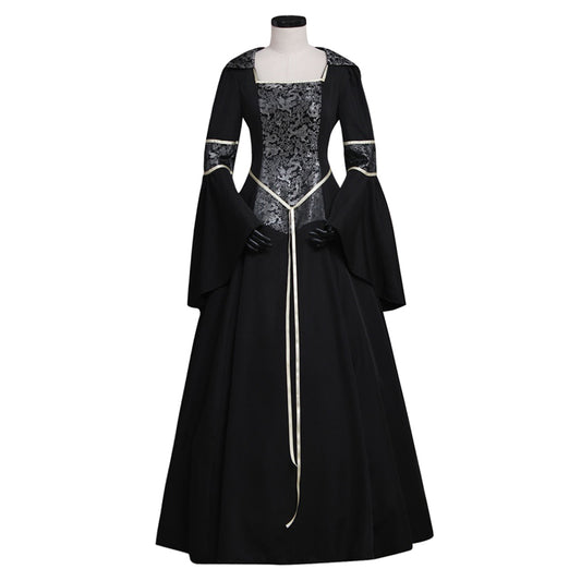 Medieval Gothic Queen Cosplay Costume  Vintage Regency Dress  Victorian Costume Square Neck Black Gown With Silver Pattern Trim Long Flared Sleeve Renaissance Cosplay Costume Adult Ladies Halloween Christmas Dress