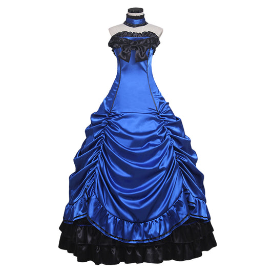 Victorian Gothic Women's Blue and Black Cosplay Dress with Strapless Neck Lace Up Back  Sleeveless and Ruffled Hem Trim Gothic Ladies Halloween Party Outerwear
