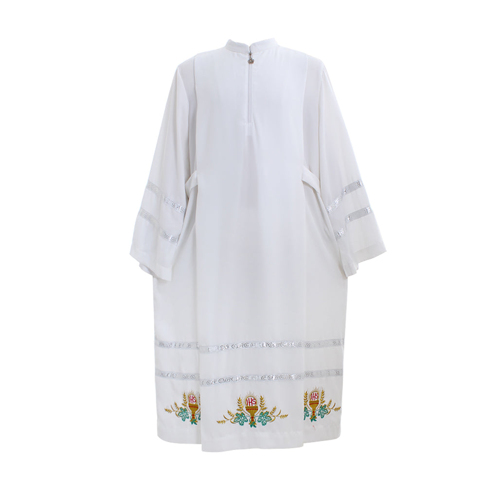 Medieva Men's White Liturgical Robe with Silver Trim and Embroidered Wheat  Floral Motifs