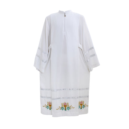 Medieva Men's White Liturgical Robe with Silver Trim and Embroidered Wheat  Floral Motifs