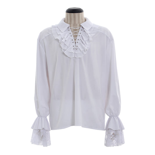 Medieval Men's White Ruffled Lace Up Shirt with Lace Trimmed Ruffled Cuffs for Cosplay  Renaissance Fairs  Halloween Themed Events