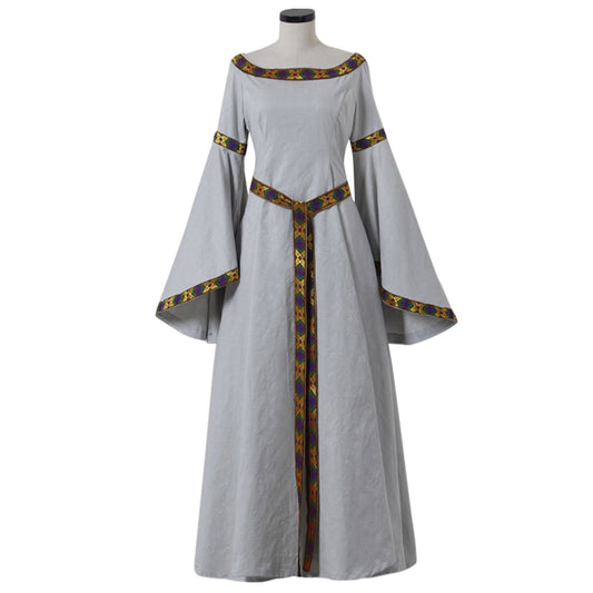 Medieval Women Renaissance Victorian Cosplay Costume Flared Long Sleeve Gold and Brown Trimmed Tie Waist Light Gray Gown Adult Ladies Halloween Christmas Dress