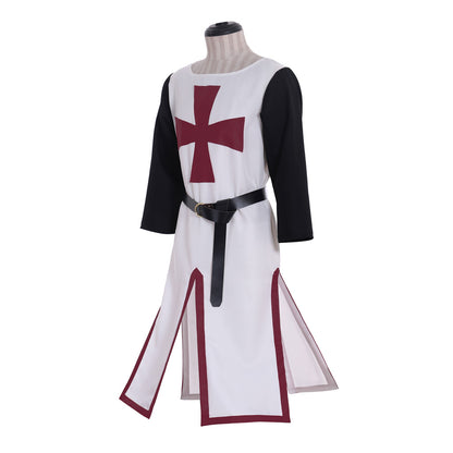 Medieval Templar Men's White Tunic with Black Sleeves, Red Cross and Belt Costume for Historical Reenactments, Cosplay Events or Halloween Parties