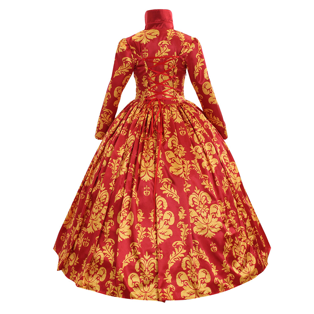 Victorian Rococo Medieval Floor - Length Dress Ball Gown Party Costume Princess Floral - Patterned Ball Gown Long - Sleeve Red Women’s Royal Halloween Carnival Party Prom Carnival of Venice Dress