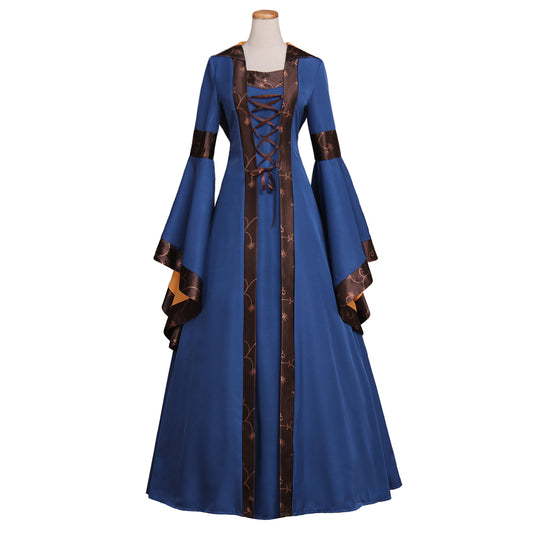 Medieval Women Renaissance Blue Cosplay Costume Adult Ancient Gown With Lace Up Bell Sleeves Gothic Ladies Halloween Christmas Dress