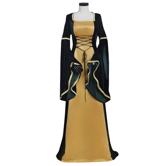 Medieval Women Renaissance Victorian Cosplay Costume Long Sleeve Gold Trimmed Color Block Black Gold Gown Adult Ladies Halloween Christmas Dress