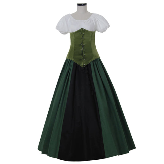 Medieval Women Renaissance Victorian Cosplay Costume Short Sleeve Green Corset Color Block Black Green Gown Adult Ladies Halloween Christmas Dress