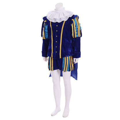 Renaissance Men's Blue Jacket with Gold Trim, White Ruffle and Colorful Striped Breeches for Cosplay or Themed Events Halloween Christmas or Themed Parties