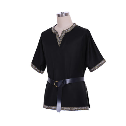 Medieval Men's Black Short  Sleeve Tunic with Gold Embroidered Trim and Black Belt for Cosplay Themed Events  Halloween Christmas or Parties