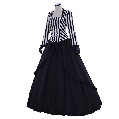 Victorian Gothic Vintage Inspired Dress Party Costume Prom Outfit Princess Shakespeare Black - White Striped Layered Skirt Women's Halloween Carnival Valentine's Day Party Evening Party Masquerade Adults' Dress All