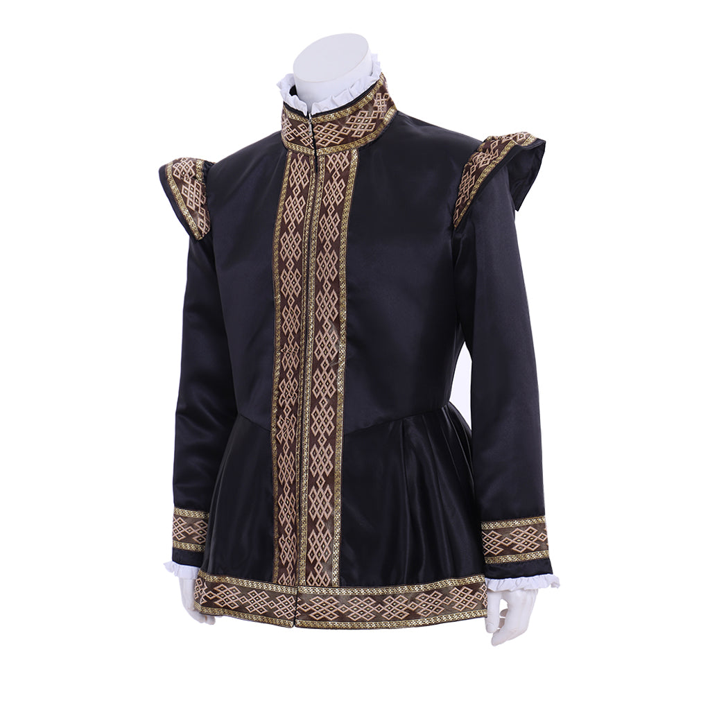 Renaissance Men's Black Jacket with Gold Trim and Ornate Patterns for Cosplay or Themed Events Halloween Christmas or Themed Parties