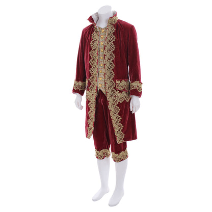 Medieval Men's Red Velvet Coat with Gold Embroidered Trim, Red Breeches Costume for Cosplay Themed Events Halloween Christmas or Parties