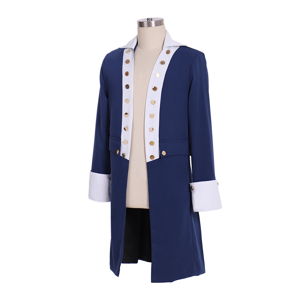 Men's Colonial-style Blue Tailcoat with Gold Buttons and White Trim  for Cosplay Themed Events Halloween Christmas or Themed Parties
