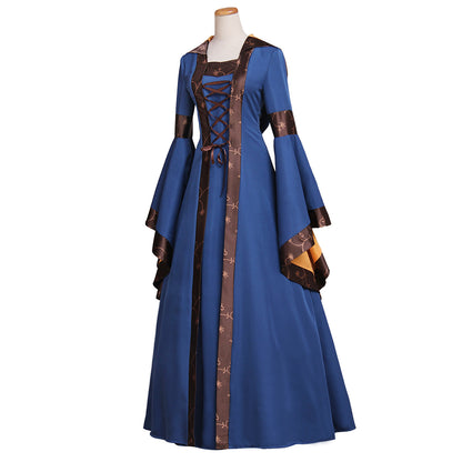 Medieval Women Renaissance Blue Cosplay Costume Adult Ancient Gown With Lace Up Bell Sleeves Gothic Ladies Halloween Christmas Dress