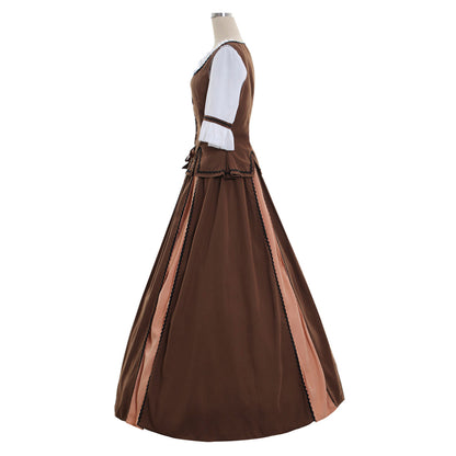 Medieval Women Renaissance Victorian Cosplay Costume Short Sleeve Contrast Trimmed Color Block Brown Copper Gown Adult Ladies Halloween Christmas Dress