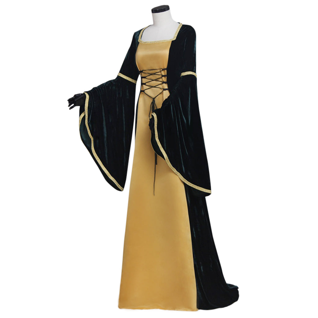 Medieval Women Renaissance Victorian Cosplay Costume Long Sleeve Gold Trimmed Color Block Black Gold Gown Adult Ladies Halloween Christmas Dress