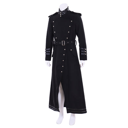 Medieval Men's Black Military  style Long Coat with Silver Accents Buttons and Belt Cosplay Stage Costume Adult Halloween Christmas Party Themed Outfit