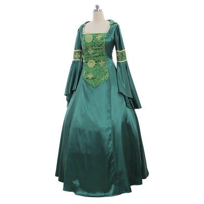 Medieval Women Renaissance Victorian Cosplay Costume Flared Long Sleeve Gold Embroidered Teal Green Gown Adult Ladies Halloween Christmas Dress