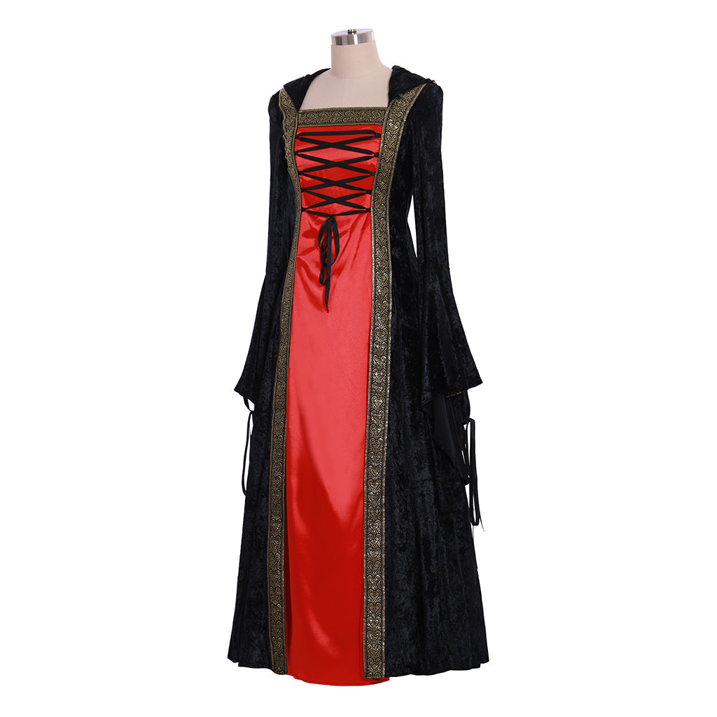Victorian Gothic Women's Cosplay Dress with Square Neck, Long Sleeves, Lace Up Front and Contrast Trim
