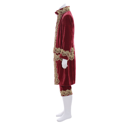 Medieval Men's Red Velvet Coat with Gold Embroidered Trim, Red Breeches Costume for Cosplay Themed Events Halloween Christmas or Parties