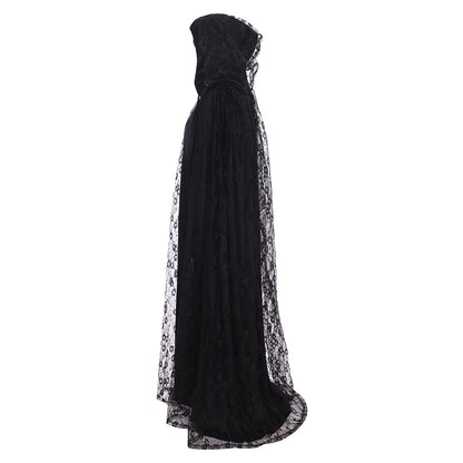 Medieval Gothic Black Cloak with Sheer Lace Sleeves