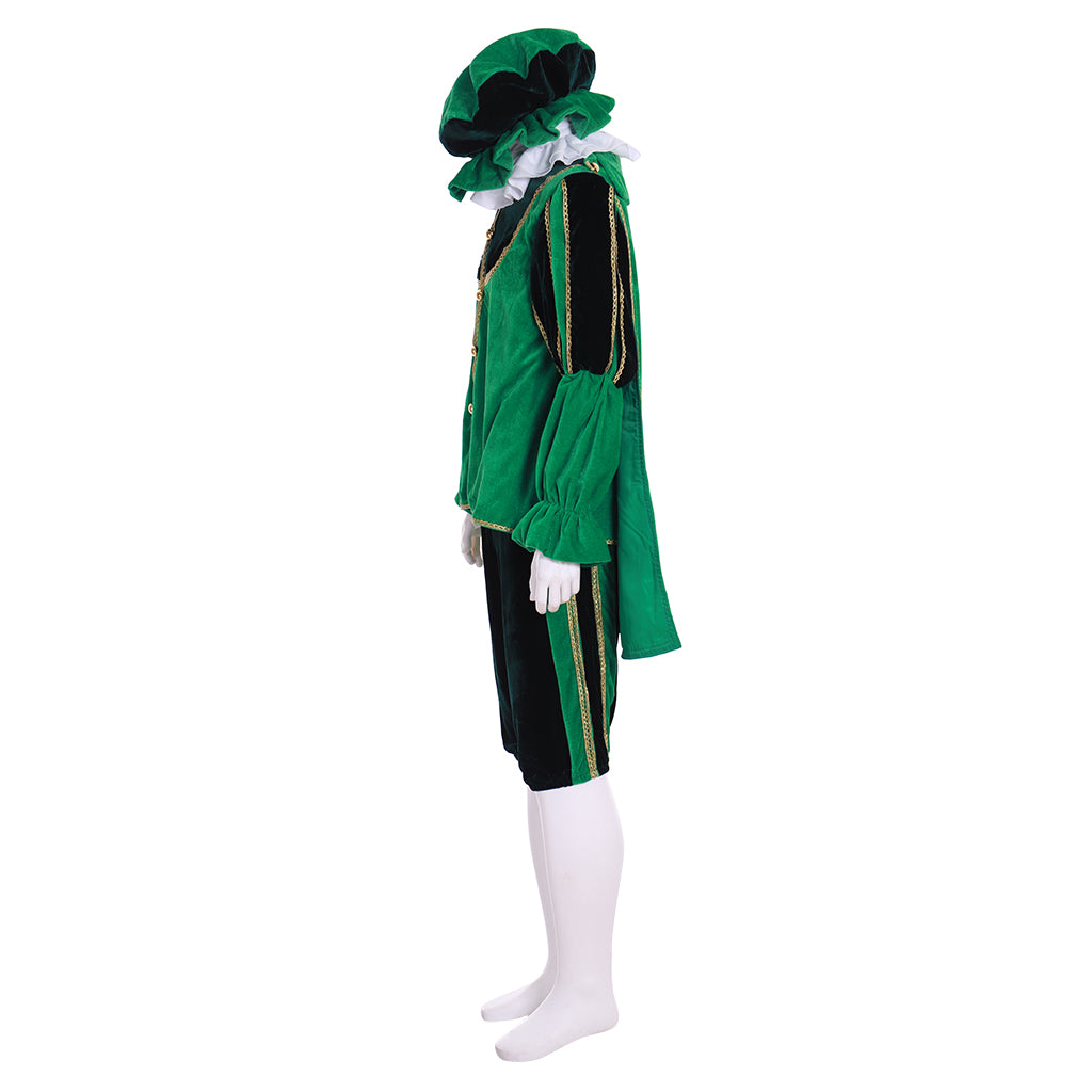 Medieval Men's Green Costume and Black Breeches with White Ruffled Collar for Cosplay or Themed Events Halloween Christmas or Themed Parties