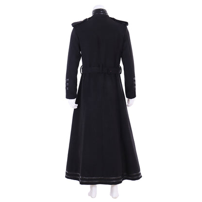 Medieval Men's Black Military  style Long Coat with Silver Accents Buttons and Belt Cosplay Stage Costume Adult Halloween Christmas Party Themed Outfit