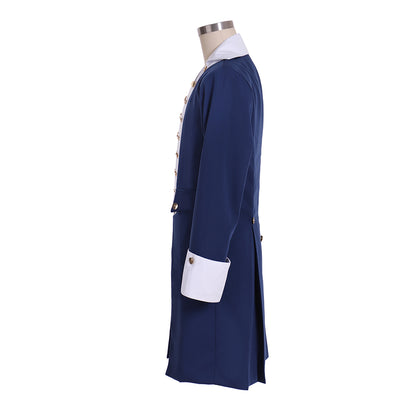 Men's Colonial-style Blue Tailcoat with Gold Buttons and White Trim  for Cosplay Themed Events Halloween Christmas or Themed Parties