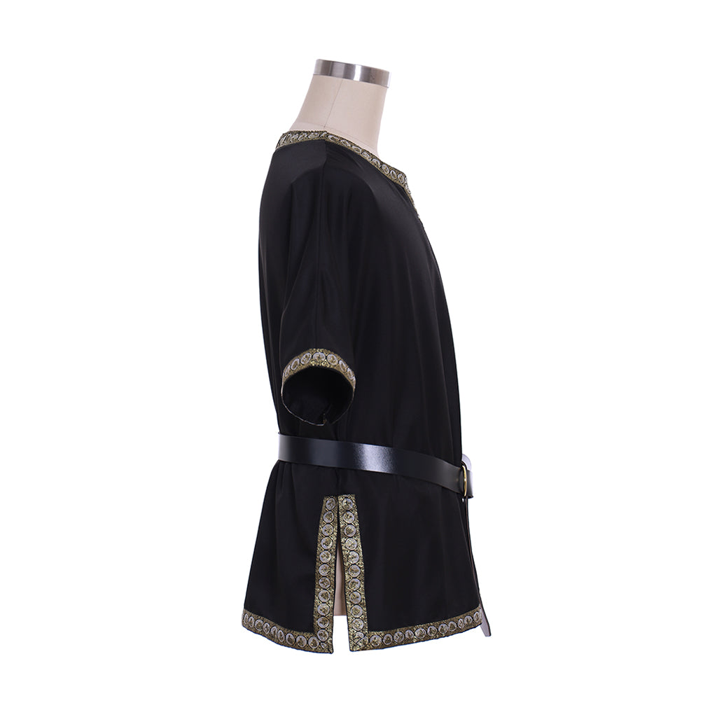 Medieval Men's Black Short  Sleeve Tunic with Gold Embroidered Trim and Black Belt for Cosplay Themed Events  Halloween Christmas or Parties