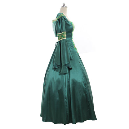 Medieval Women Renaissance Victorian Cosplay Costume Flared Long Sleeve Gold Embroidered Teal Green Gown Adult Ladies Halloween Christmas Dress