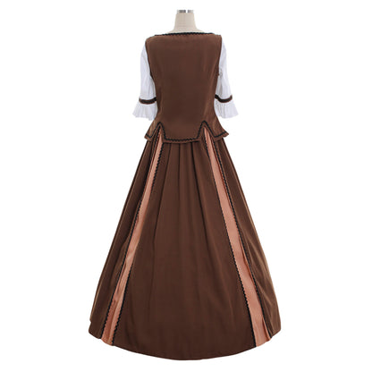 Medieval Women Renaissance Victorian Cosplay Costume Short Sleeve Contrast Trimmed Color Block Brown Copper Gown Adult Ladies Halloween Christmas Dress