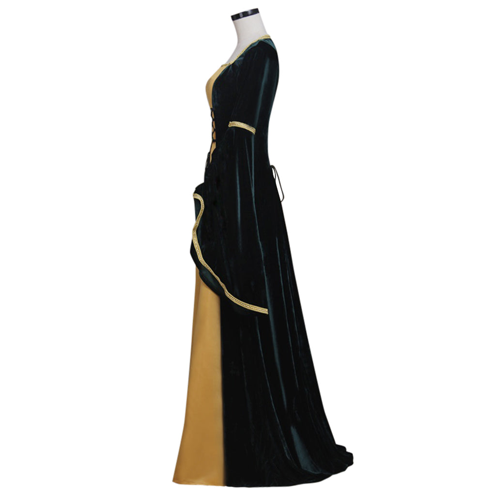 Medieval Women Renaissance Victorian Cosplay Costume Long Sleeve Gold Trimmed Color Block Black Gold Gown Adult Ladies Halloween Christmas Dress