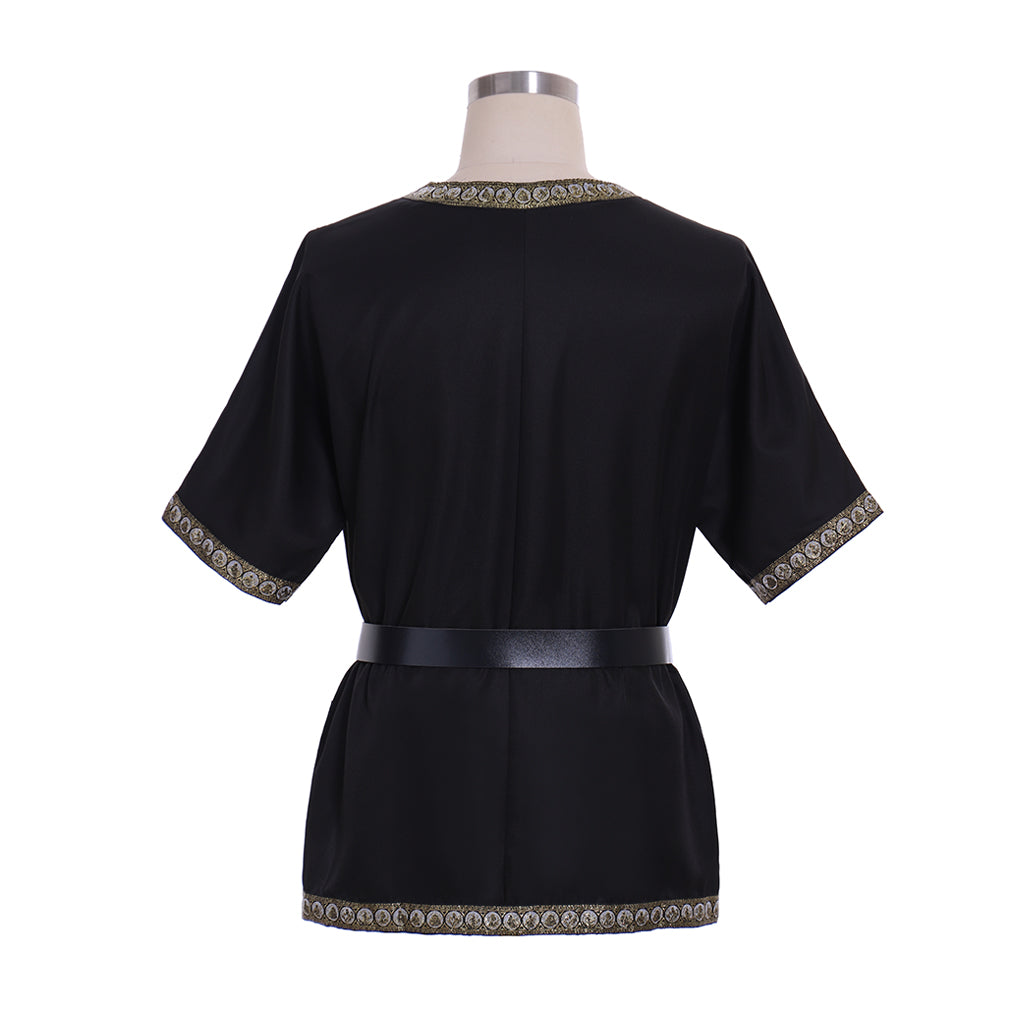 Medieval Men's Black Short  Sleeve Tunic with Gold Embroidered Trim and Black Belt for Cosplay Themed Events  Halloween Christmas or Parties