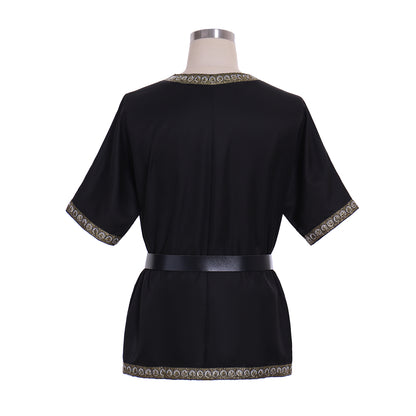 Medieval Men's Black Short  Sleeve Tunic with Gold Embroidered Trim and Black Belt for Cosplay Themed Events  Halloween Christmas or Parties