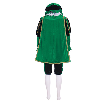 Medieval Men's Green Costume and Black Breeches with White Ruffled Collar for Cosplay or Themed Events Halloween Christmas or Themed Parties